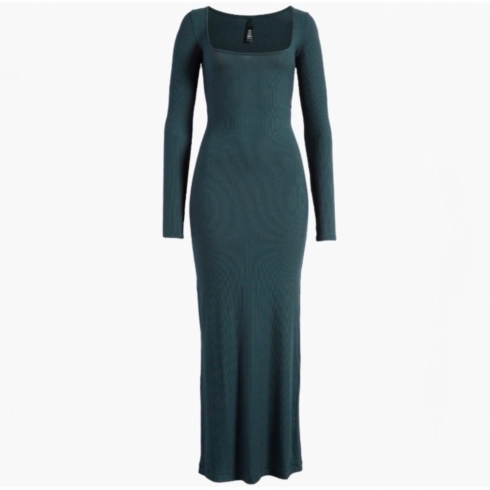 NWT Skims Soft Lounge Long Sleeve Dress Ribbed Green Minimalist Preppy M